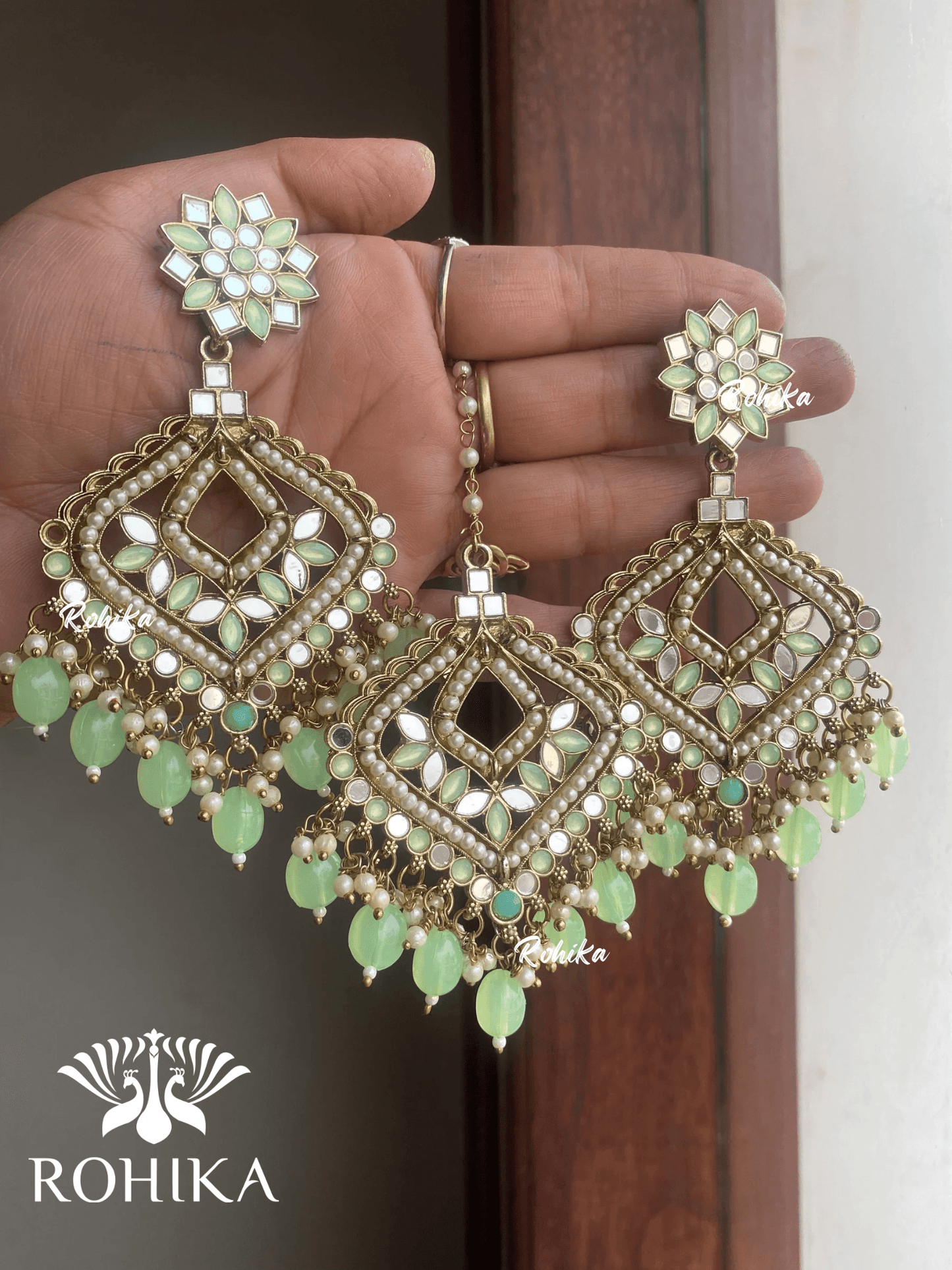 Priyam mirror earrings tikka combo - Sea Green - Rohika Store