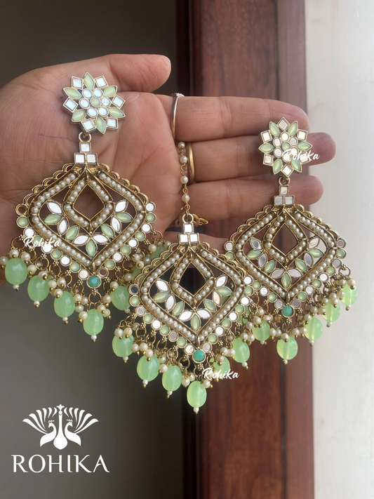 Priyam mirror earrings tikka combo - Sea Green