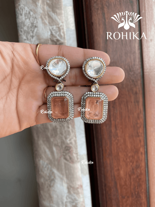 Polki kundan designer earrings (M-008) - Peach - Rohika Store