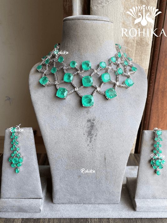 Ishma doublets american diamond necklace set - Mint green - Rohika Store