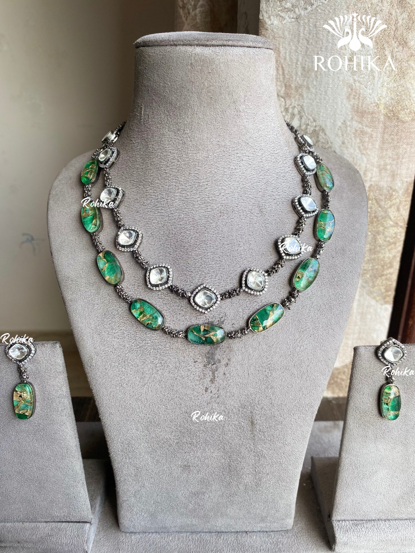 Prayag Moisanite Necklace set - Green - Rohika Store