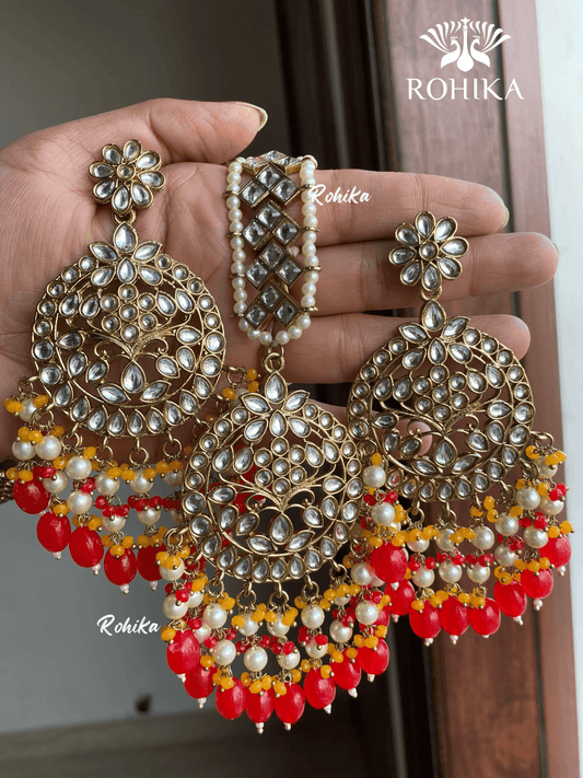 Sapna earrings and maangtikka combo - Red - Rohika Store