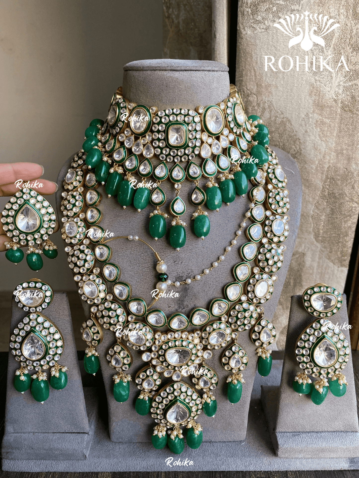 Agneya polki kundan bridal combo set - Dark Green - Rohika Store
