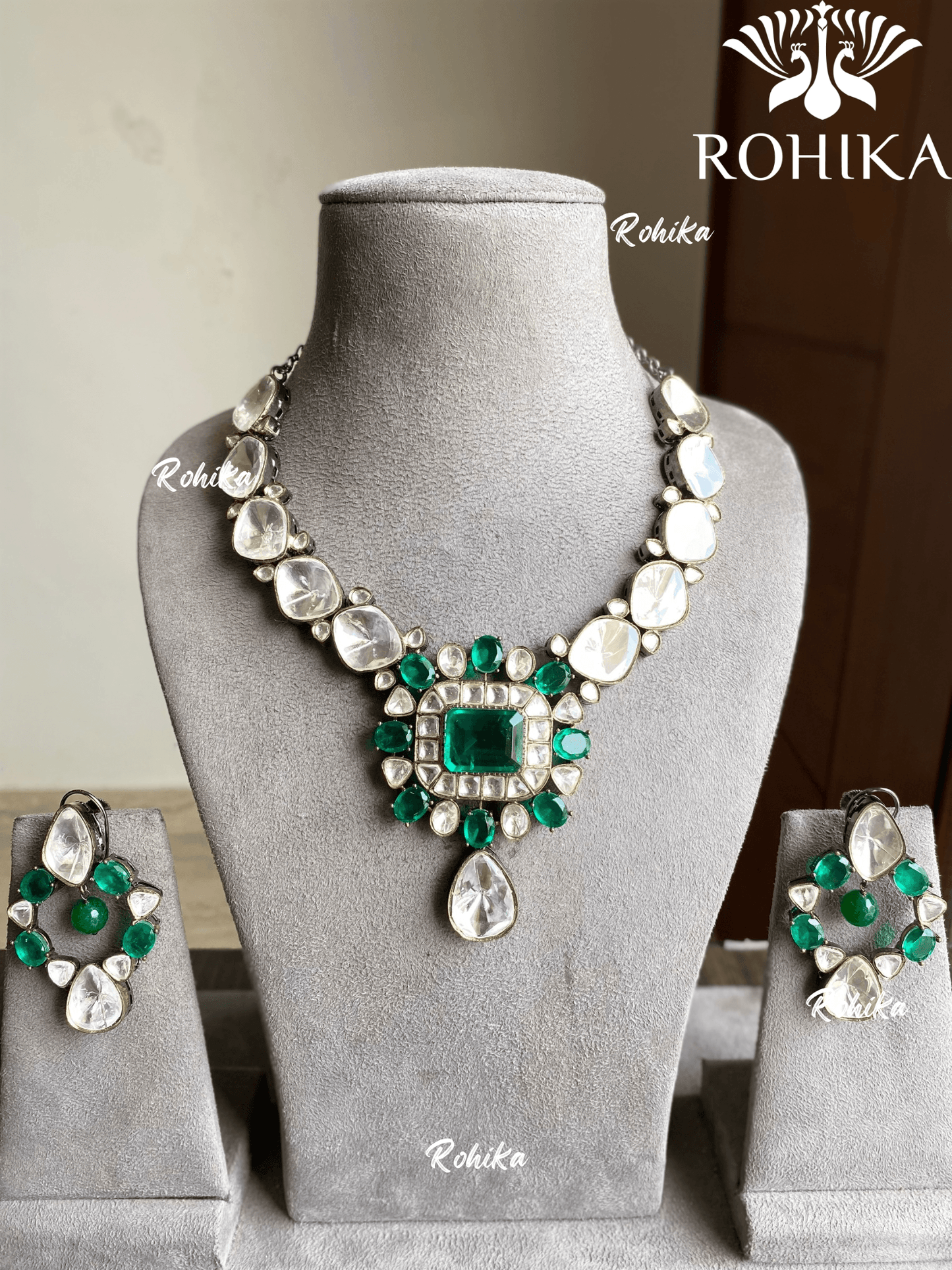 Apurva moisinite necklace set - Dark Green - Rohika Store