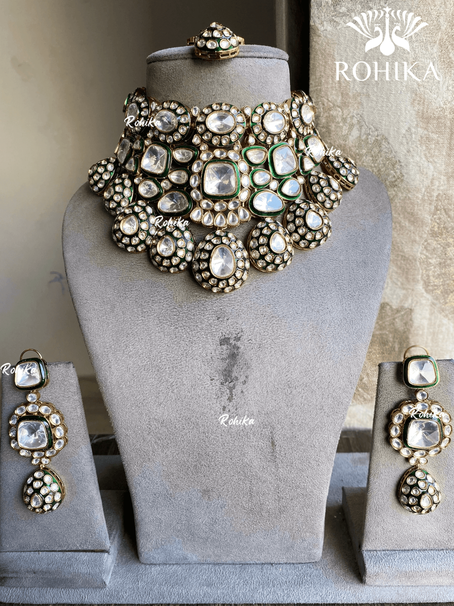 Anandi bikaneri polki kundan choker set - Dark green - Rohika Store