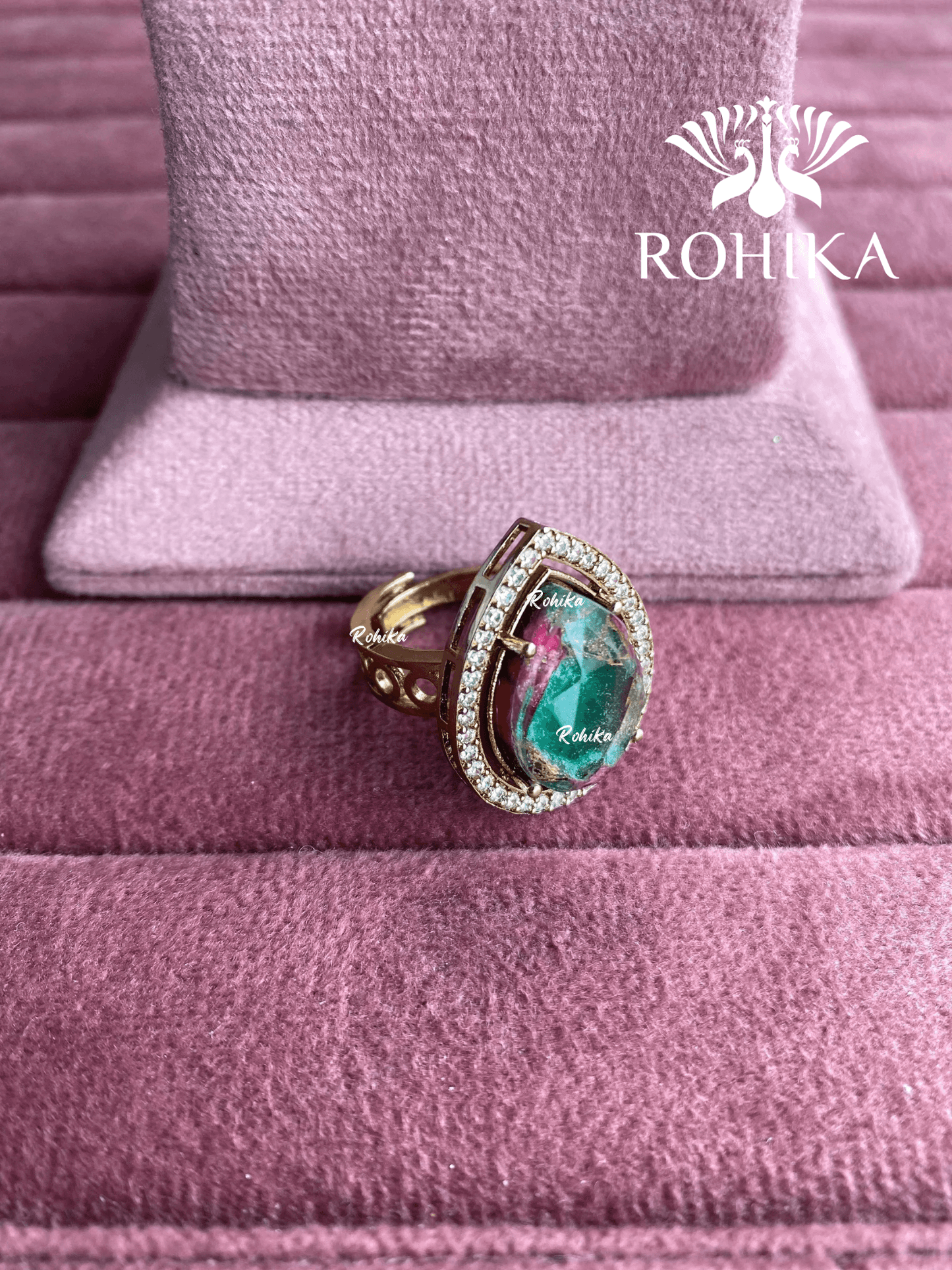 Angana polki kundan ring (SG-091) - Green & pink - Rohika Store