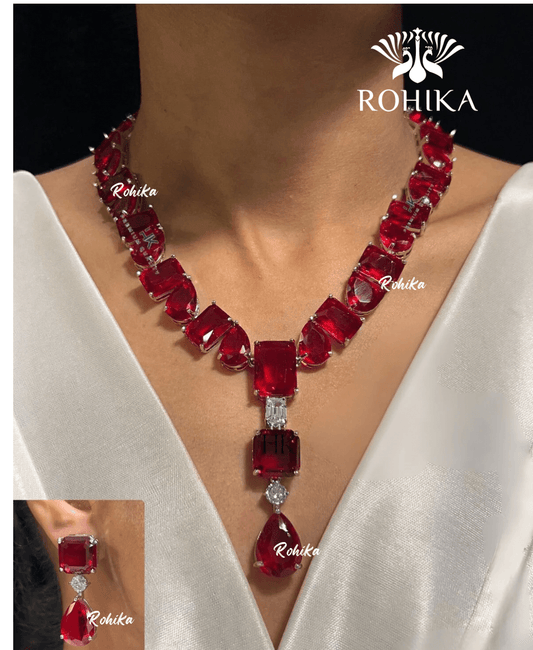 Debra american diamond necklace set - Red - Rohika Store