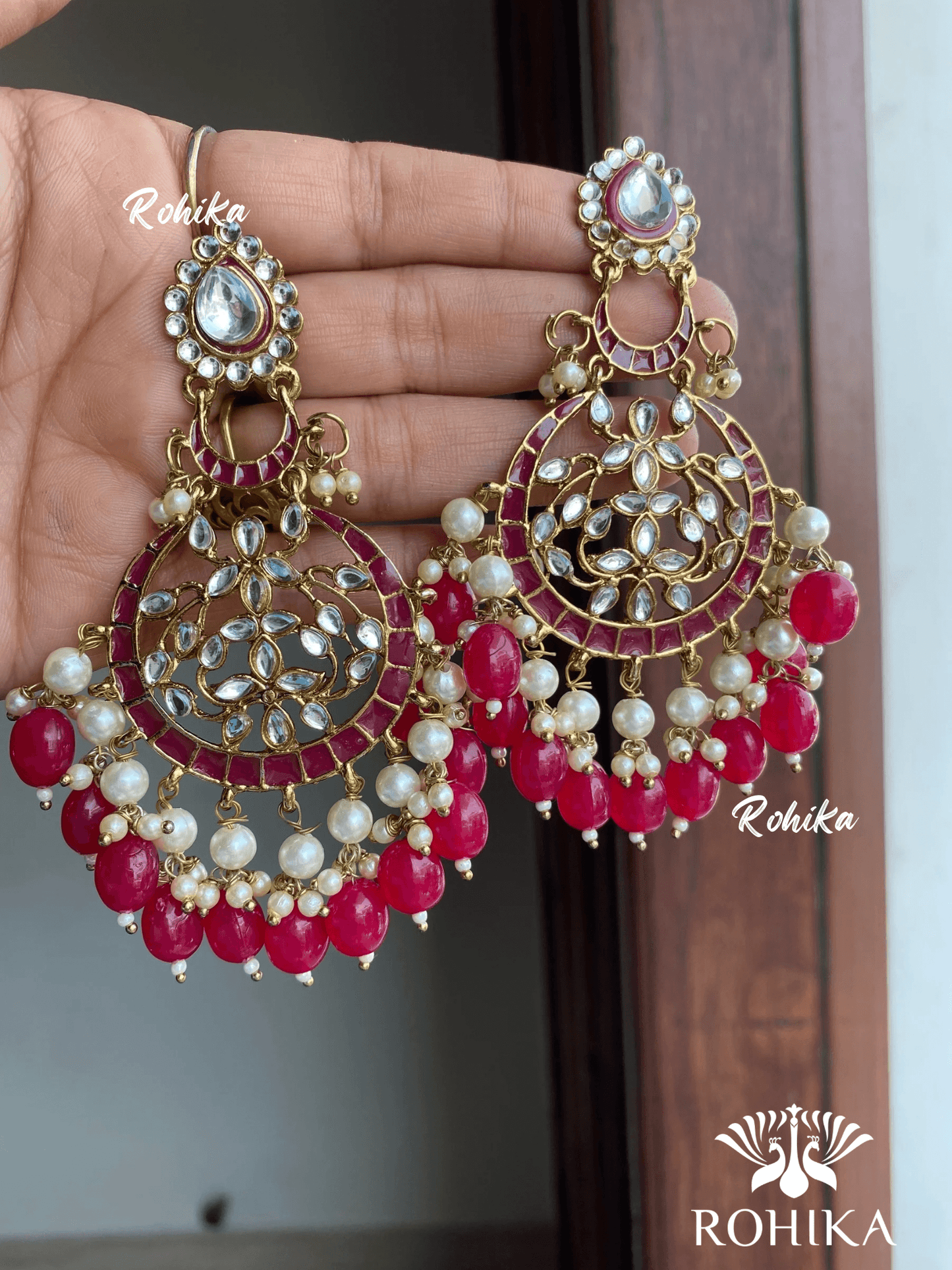 Kajal meenakari kundan earrings - Meganta pink - Rohika Store