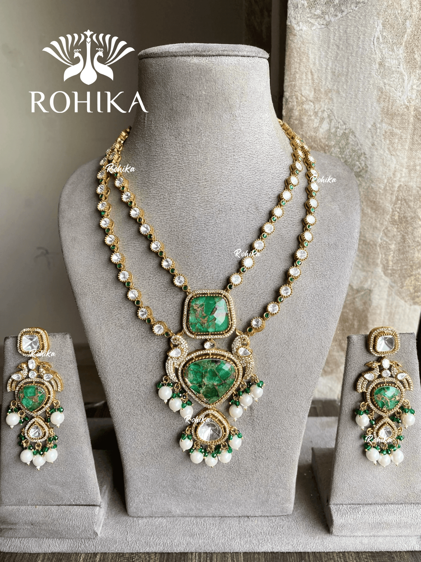 Asha polki kundan necklace set - Green - Rohika Store