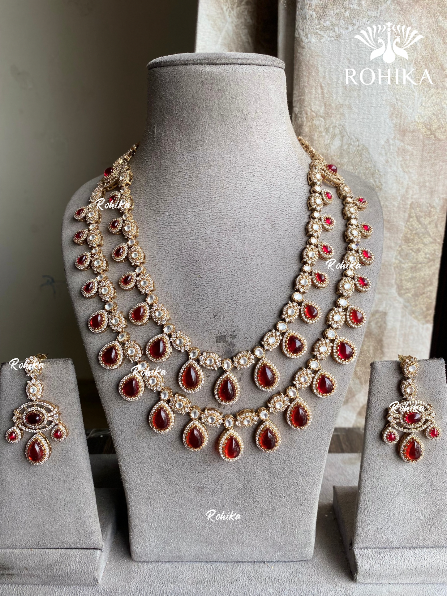 Kanisha Polki Kundan Necklace set - Red - Rohika Store