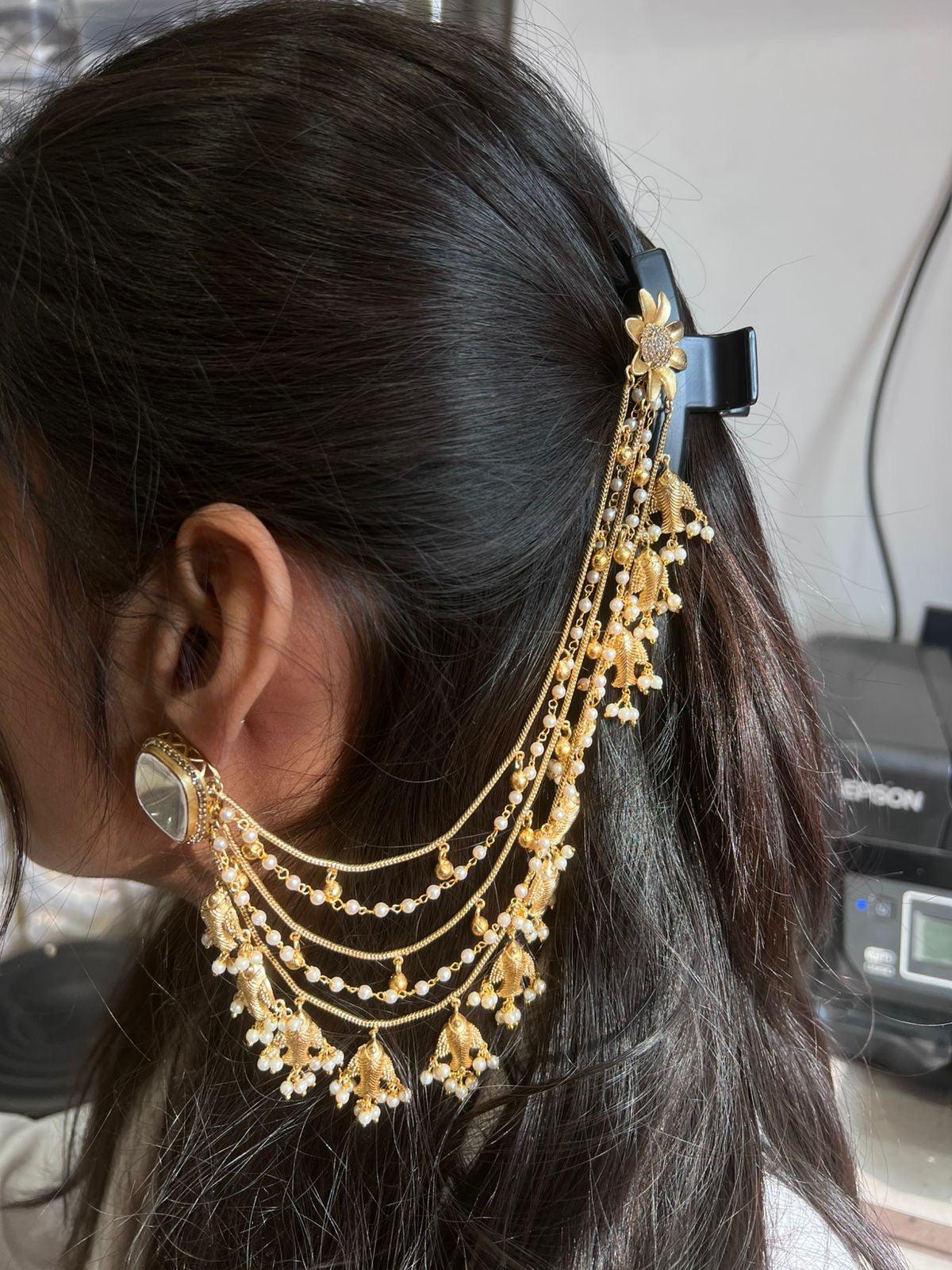 Piya polki kundan earrings with earchains- Golden - Rohika Store