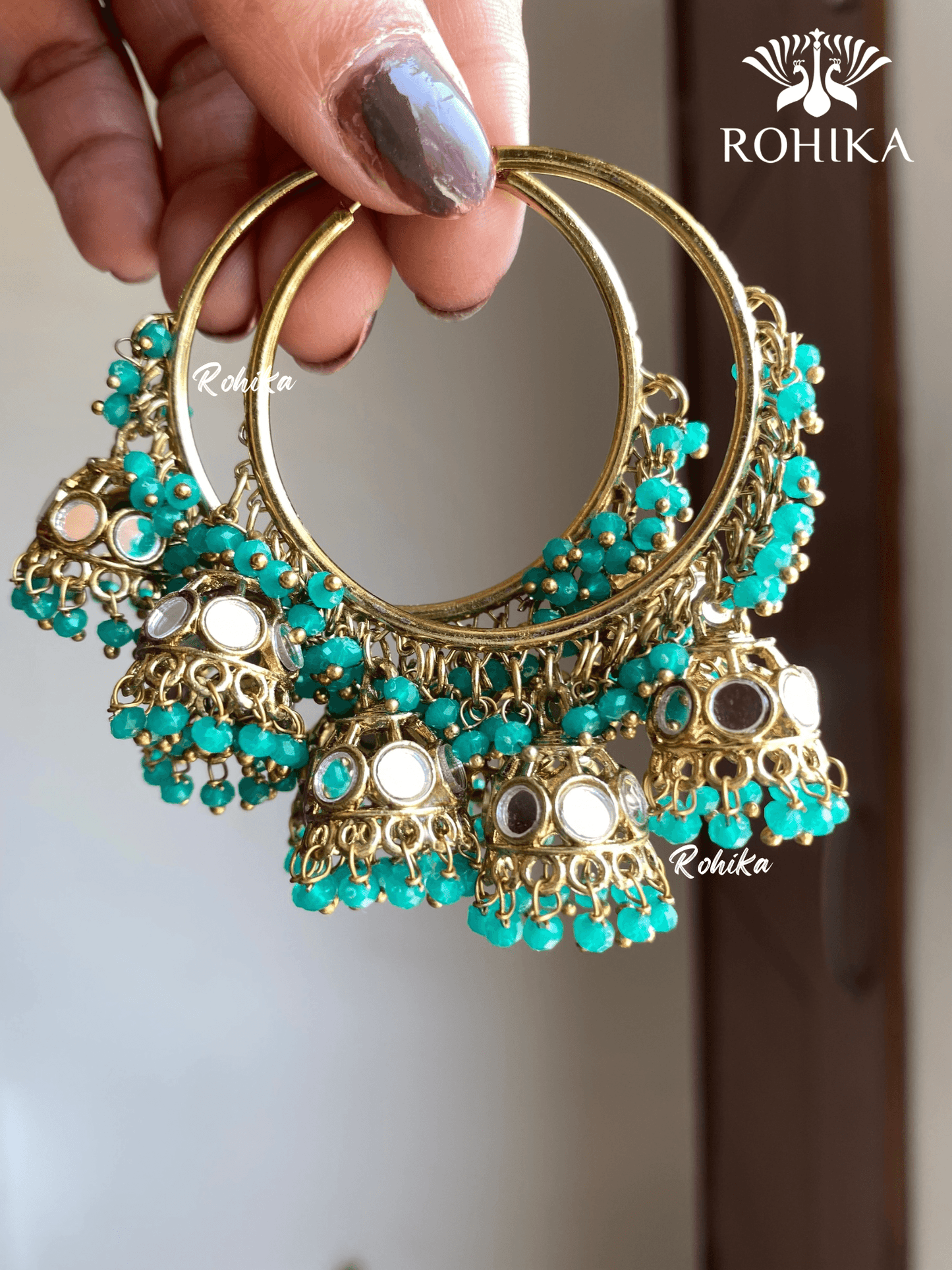 Leena mirror jhumki bali earrings - Dark green - Rohika Store
