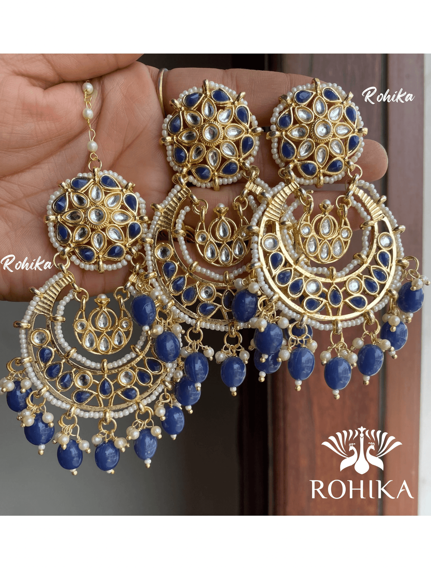 Karina earrings and maangtikka combo - Dark blue - Rohika Store
