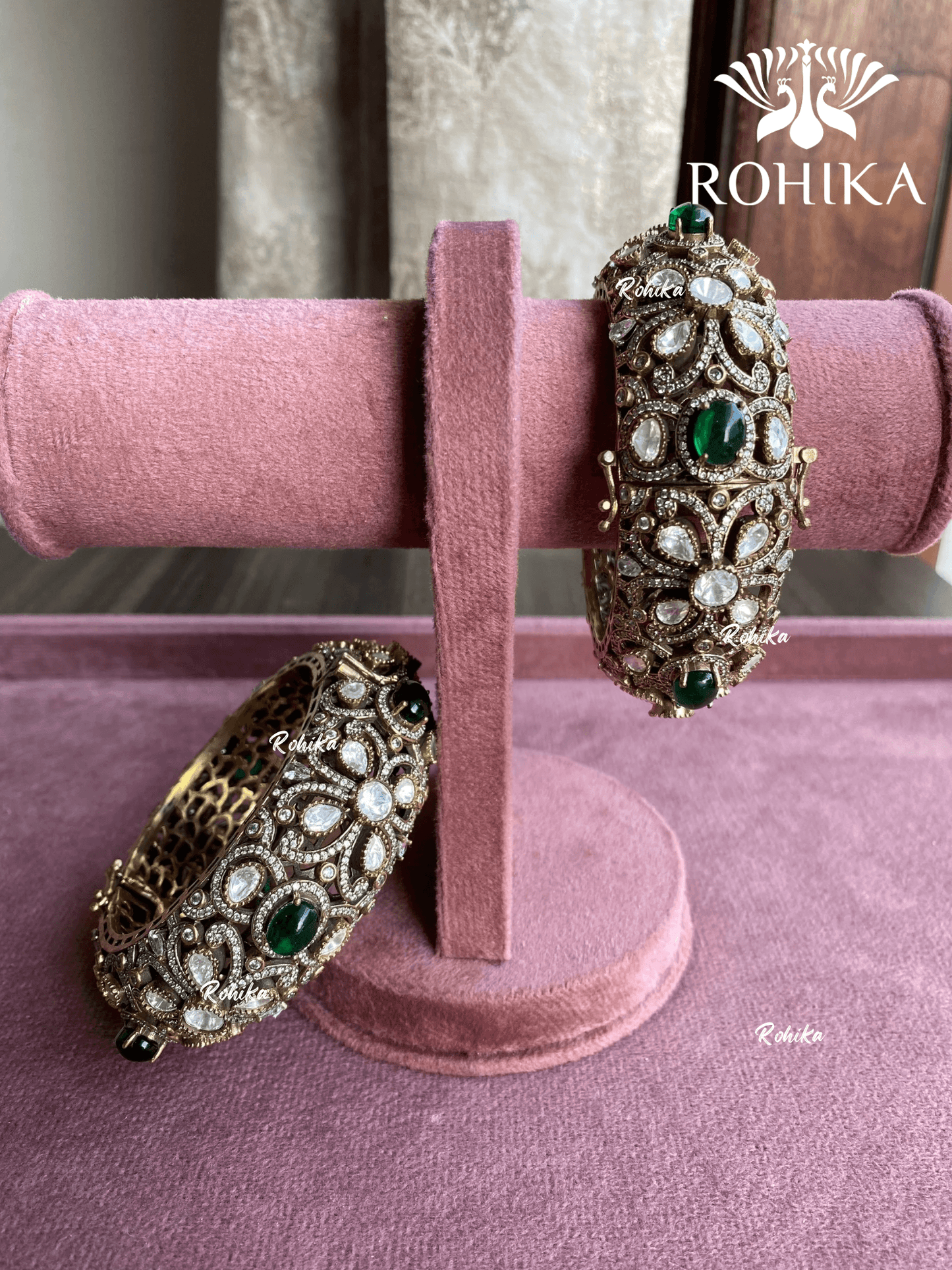 Mausami moisinite kundan kada/bangles - Green - Rohika Store