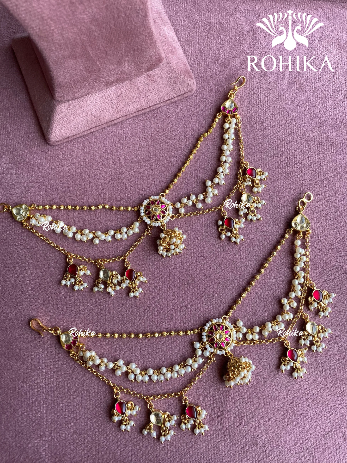 Pachhi kundan earchains (EC-035) - Red -Rohika store
