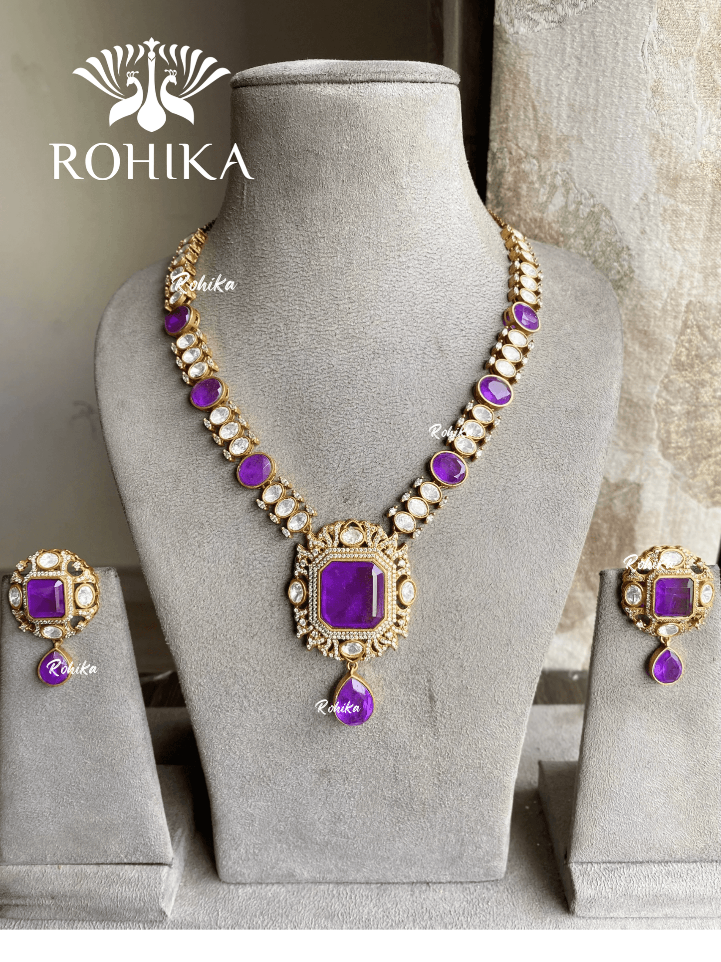Mohini polki kundan necklace set - Purple - Rohika Store