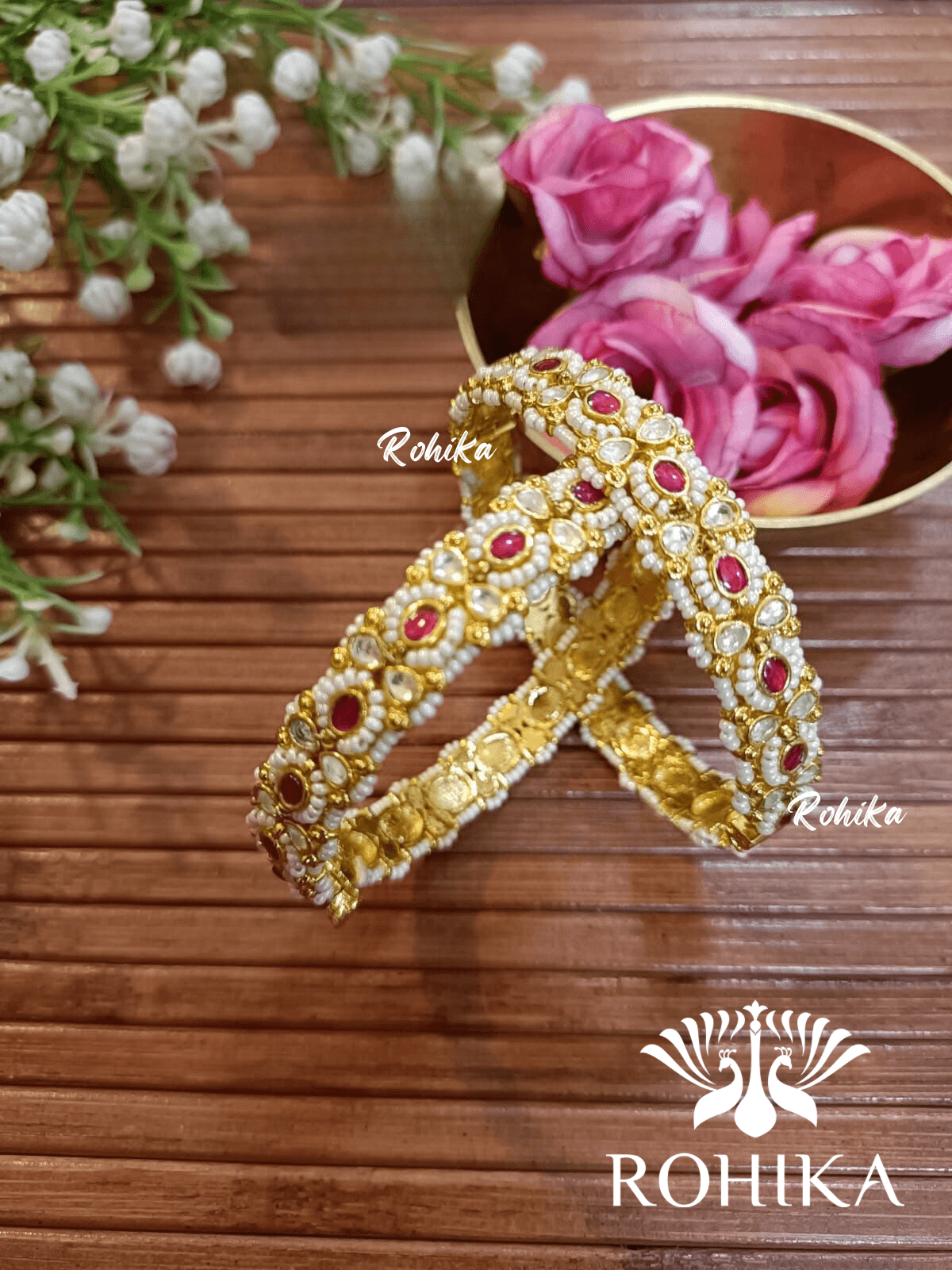 Pachhi kundan bangles - Red and white (Pkb001-R) - Rohika Store