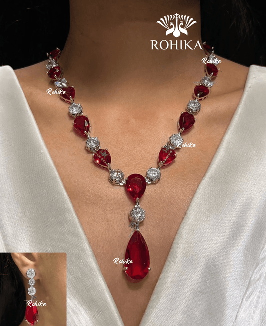American diamond necklace set (ADN -005) - Red - Rohika Store