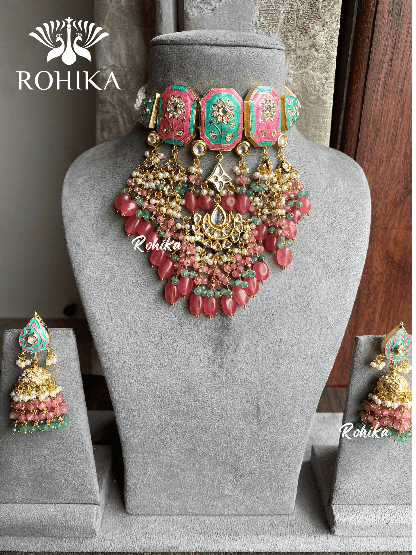 Naina meenakari kundan choker set - Red and mint - Rohika Store