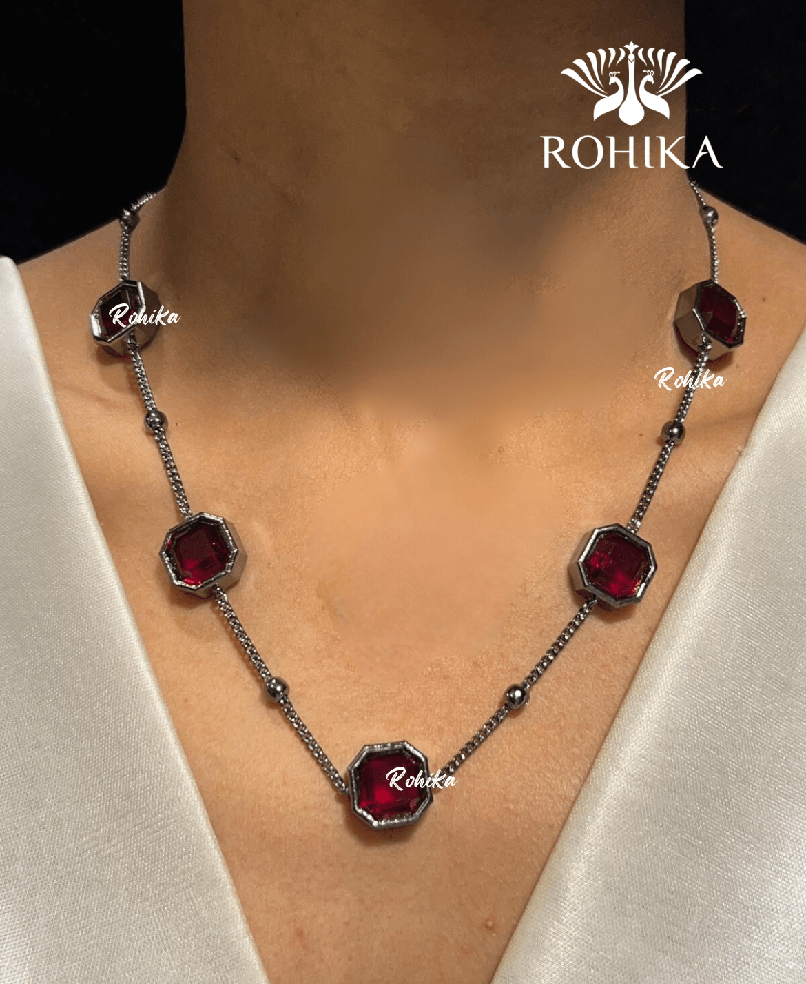 Vera american diamond necklace set - Red - Rohika Store
