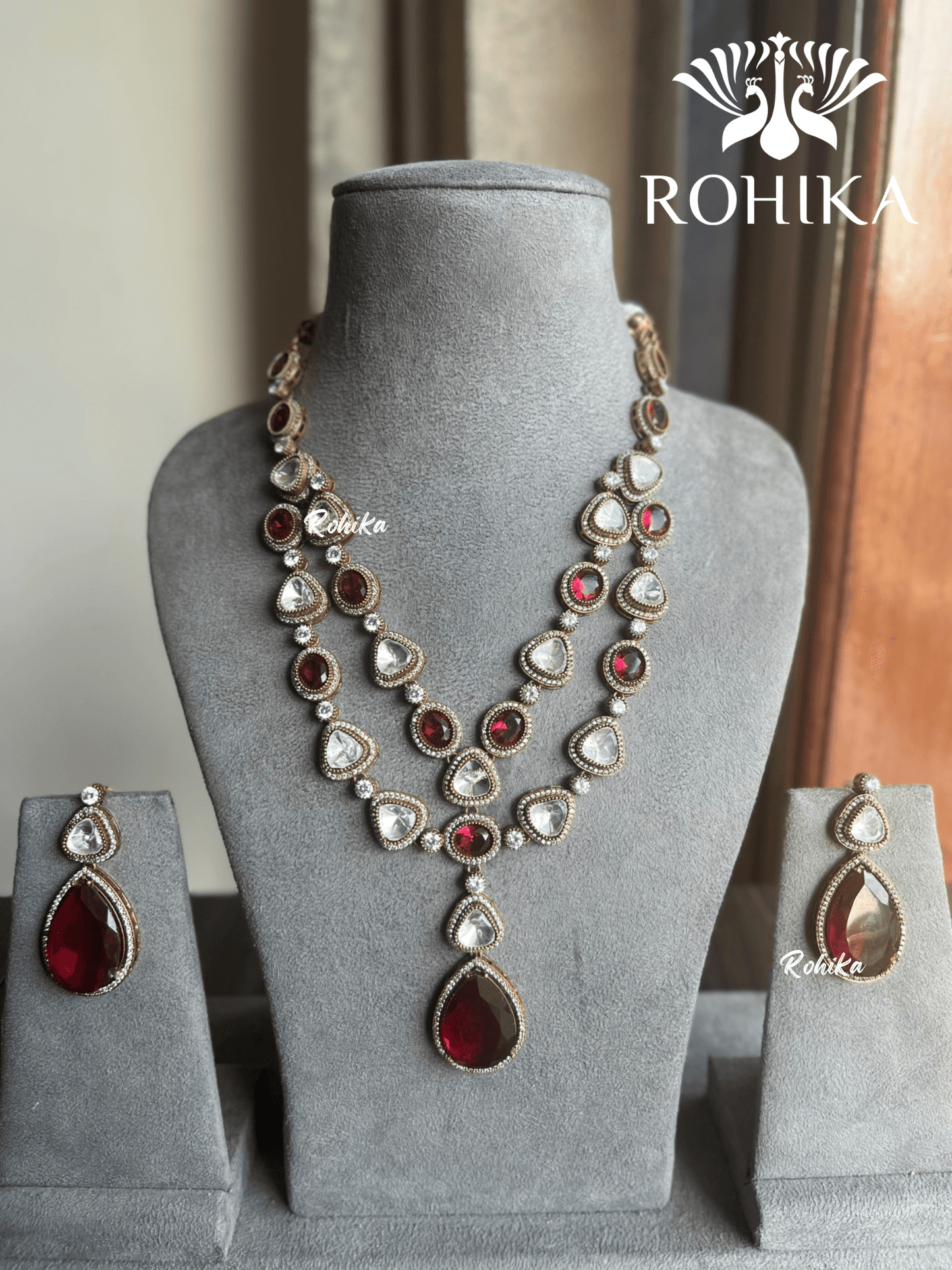 Kala double layer necklace set - Red - Rohika Store