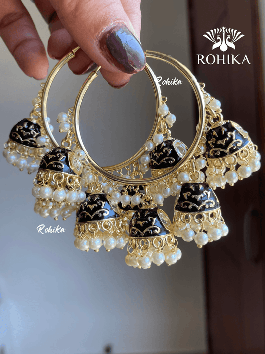 Neena meenakari jhumki bali earrings - Black - Rohika Store
