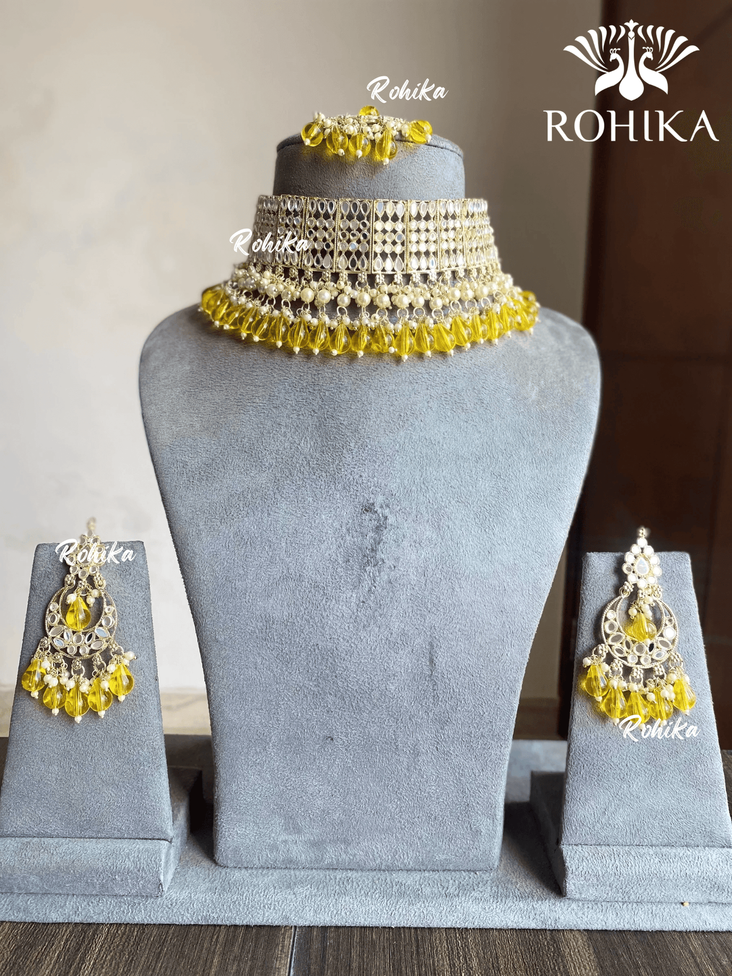 Aksa mirror necklace set - Yellow - Rohika Store