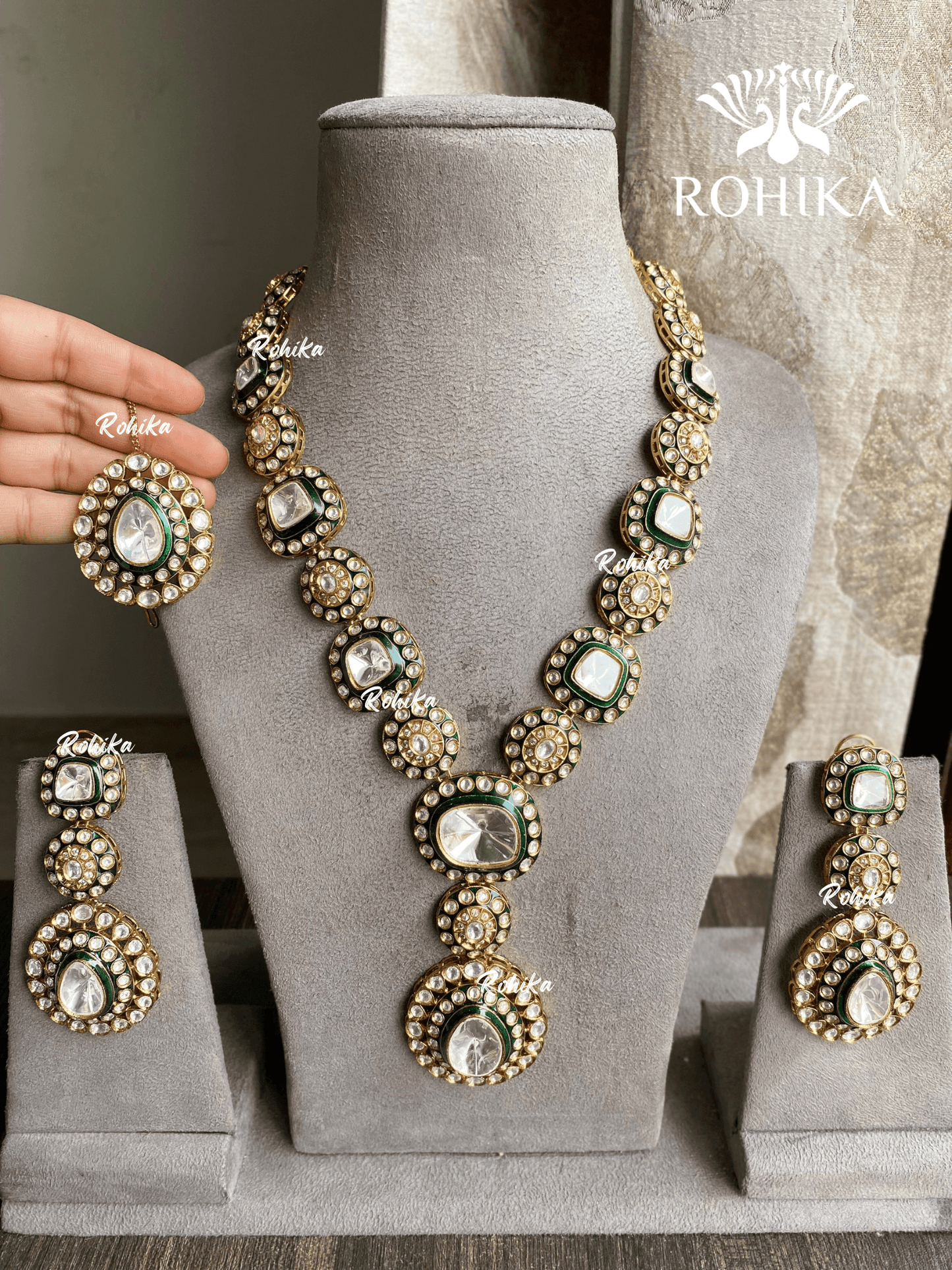 Swara polki kundan necklace set - Green - Rohika Store