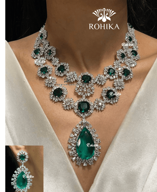 American diamond necklace set (ADN -002) - Dark green - Rohika Store