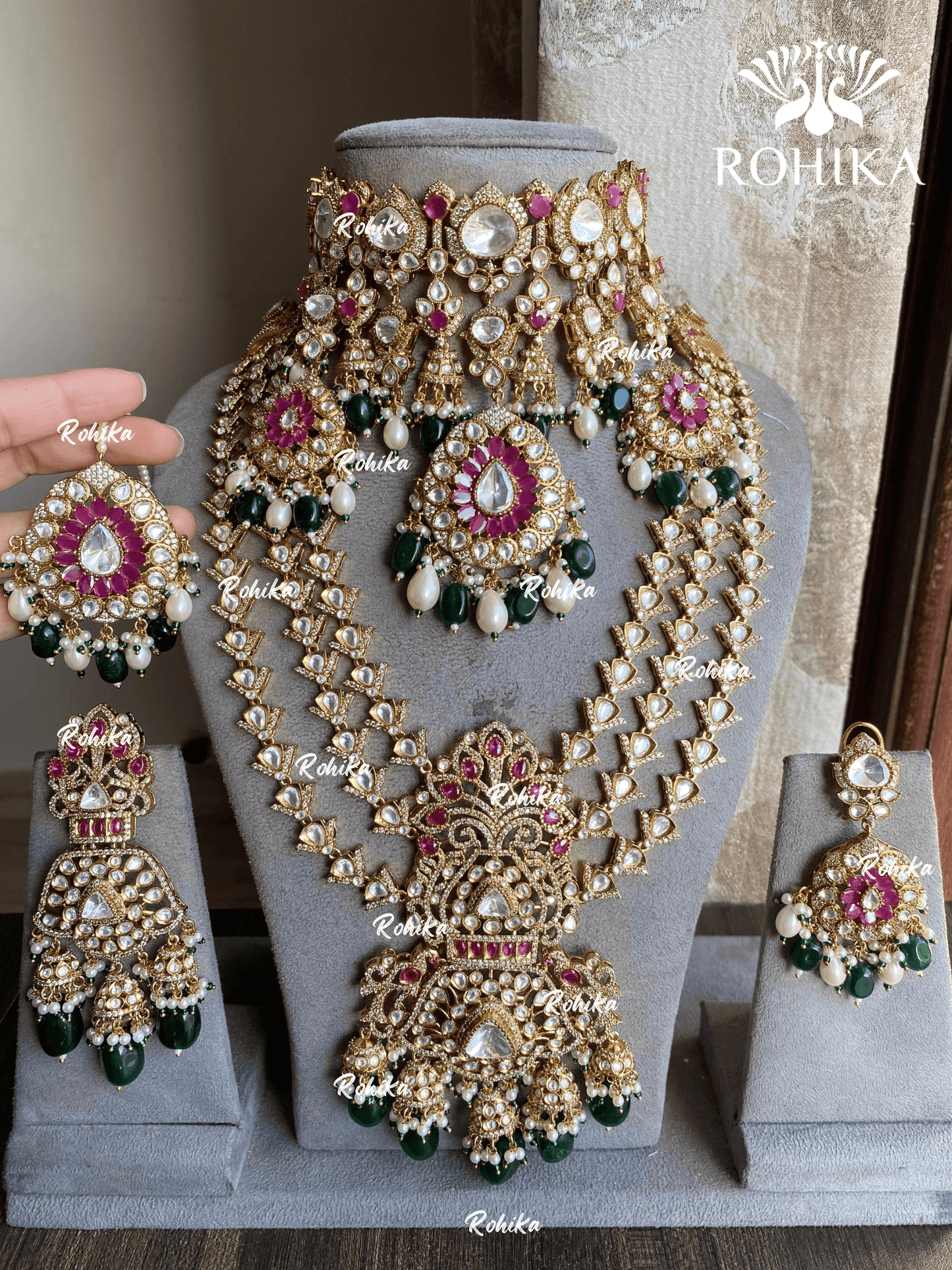 Priksha moisanite polki kundan bridal combo set - Green and Ruby - Rohika Store