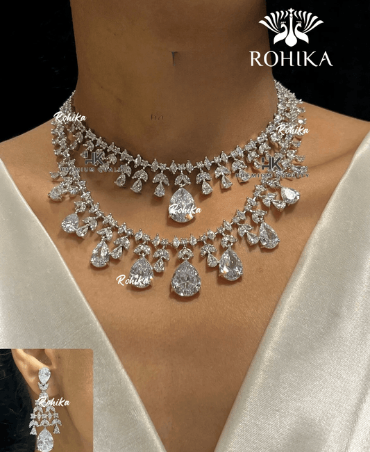 Eula american diamond necklace set - White - Rohika Store