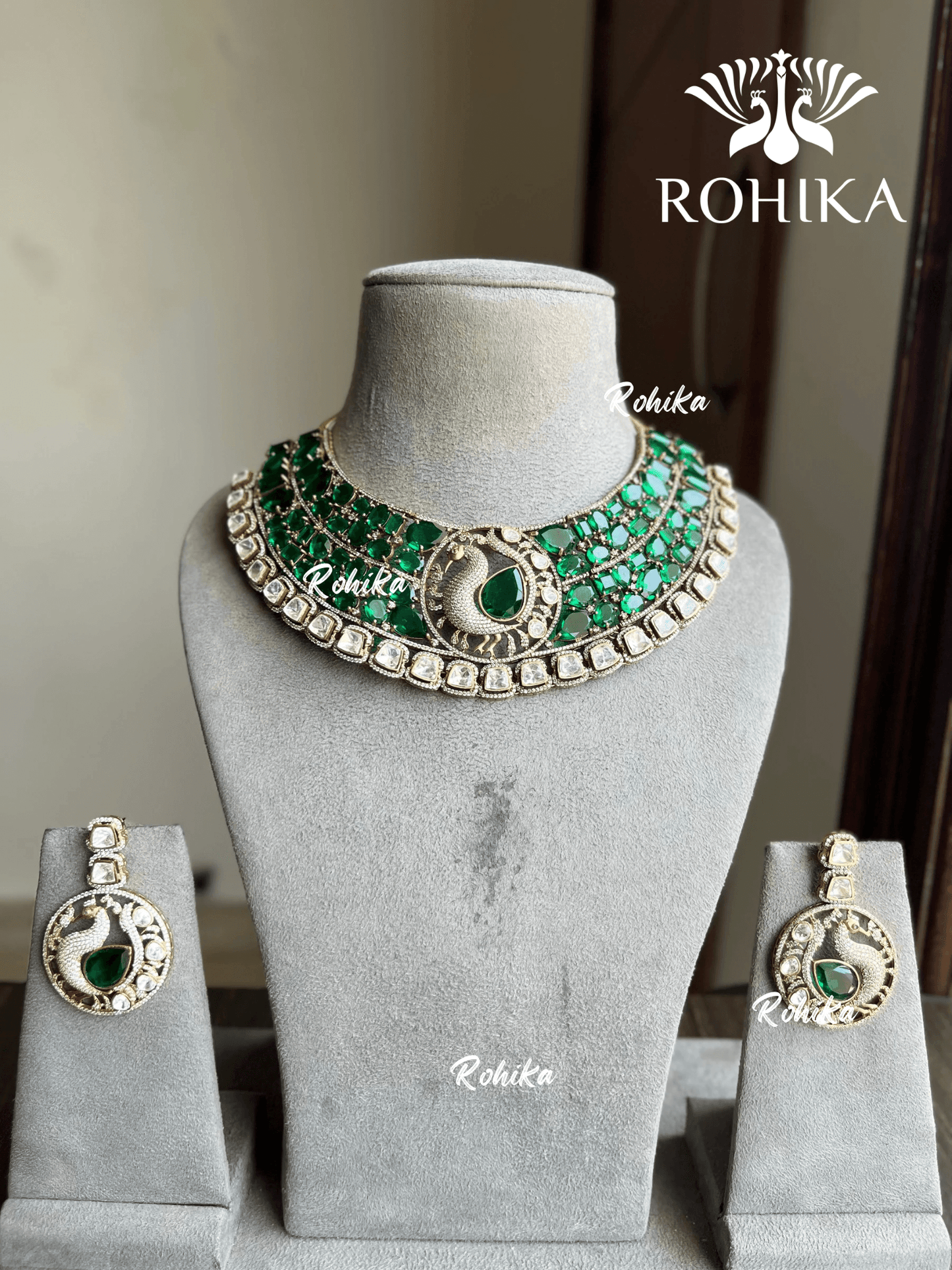 Pankh polki kundan necklace set - Dark Green - Rohika Store