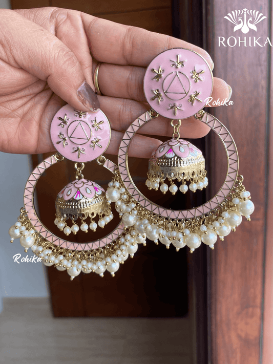 Sonal meenakari chandbali earrings- Light Pink - Rohika Store