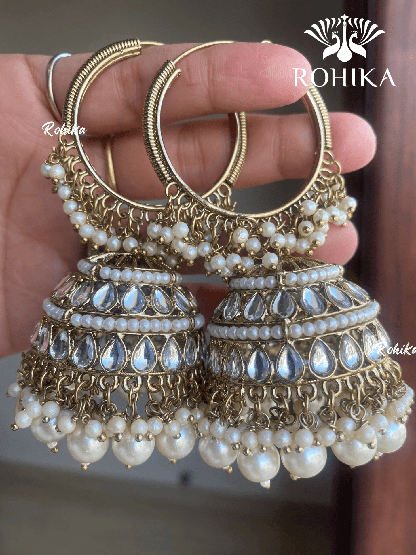 Aanchal jhumka bali earrings - White - Rohika Store