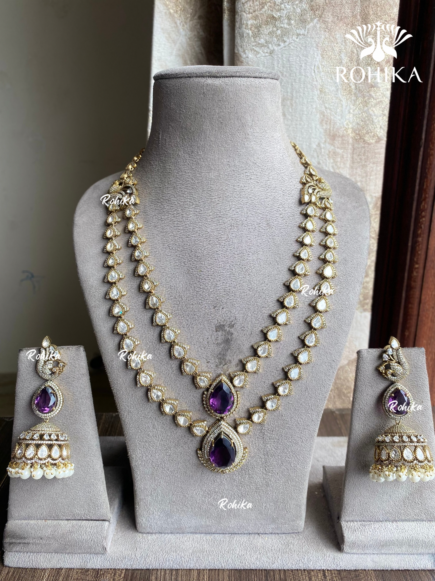 Vasay polki kundan necklace set - Purple - Rohika Store