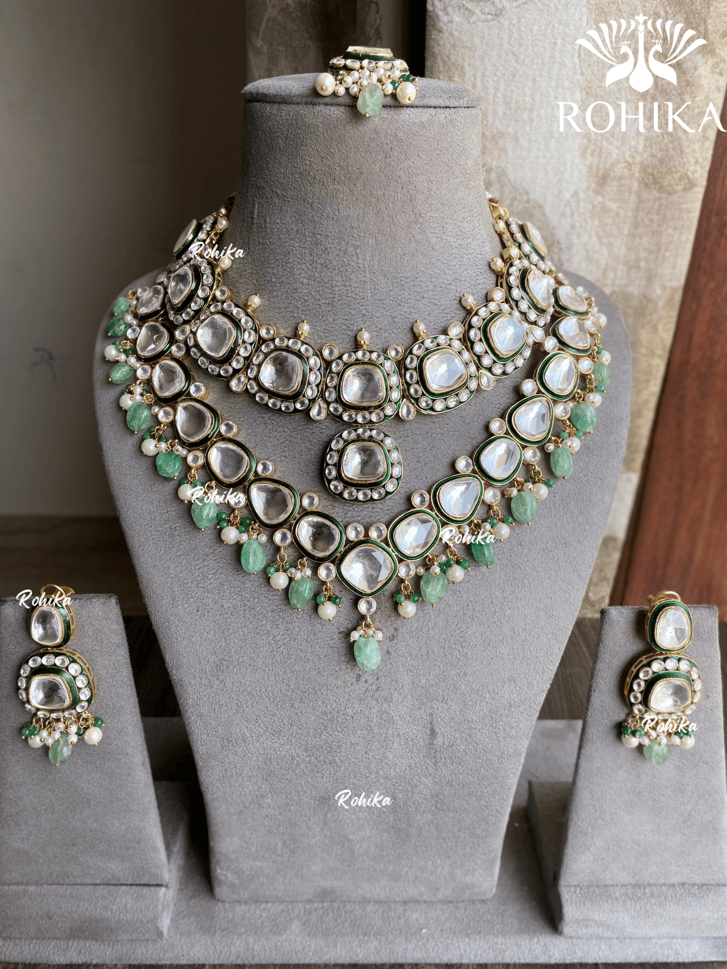 Keya bikaneri polki kundan Necklace- Mint green - Rohika Store