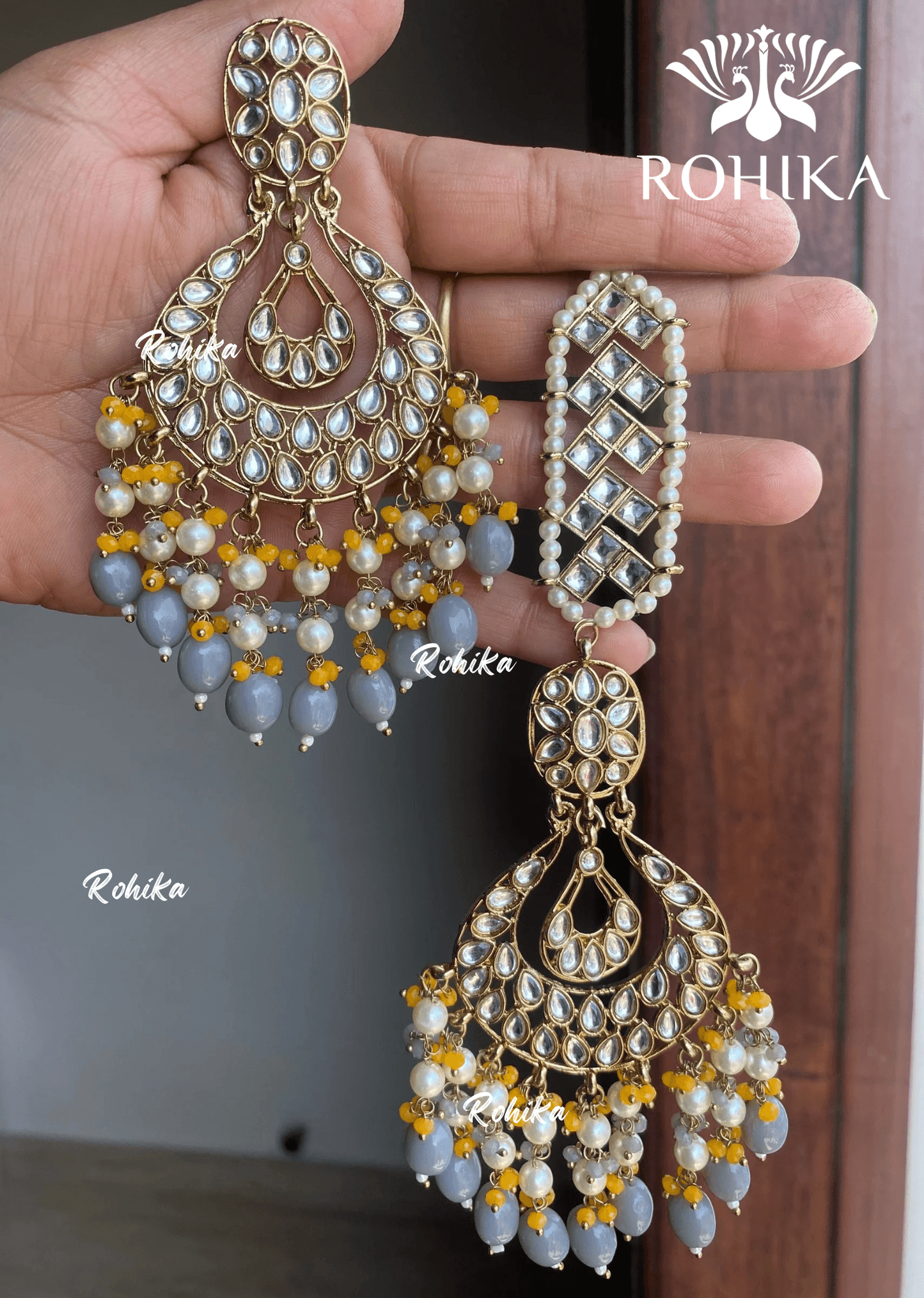 Madhur earrings and maangtikka - Grey - Rohika Store