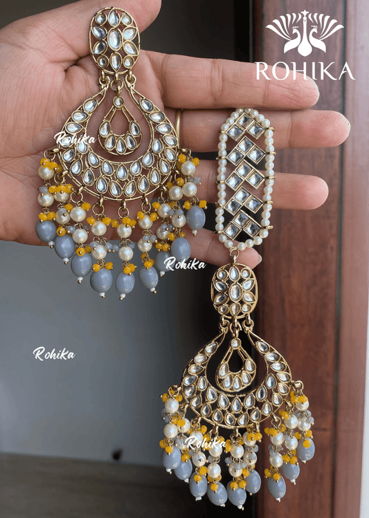 Madhur earrings and maangtikka - Grey - Rohika Store
