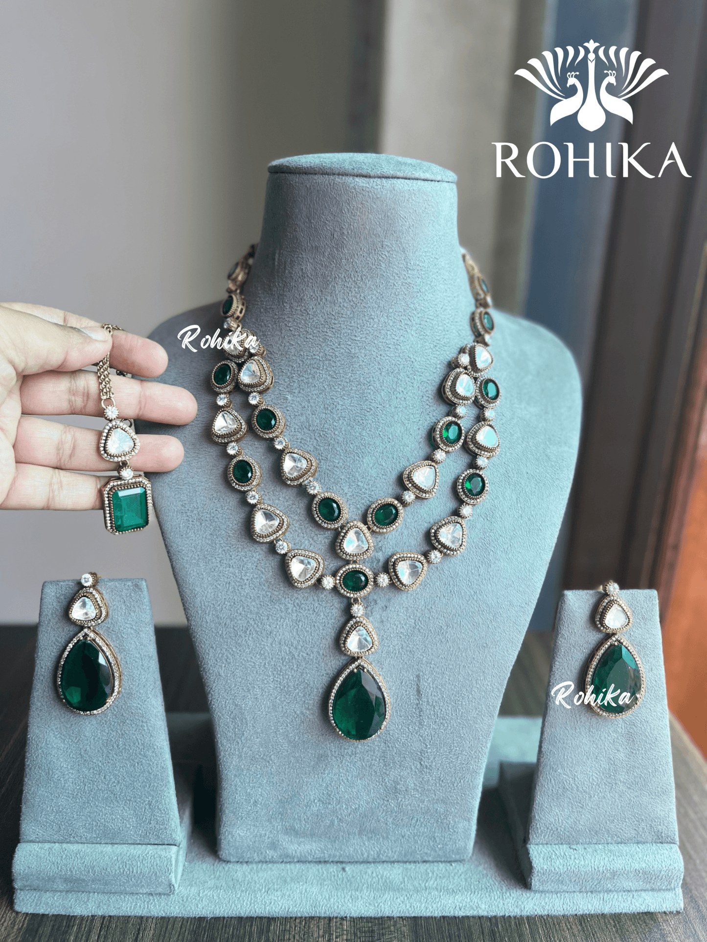Kala double layer necklace set - Dark Green - Rohika Store