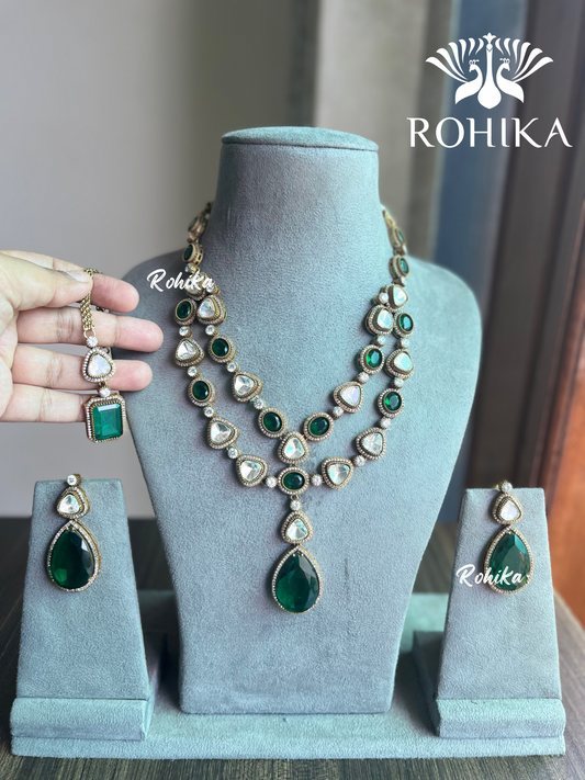 Kala double layer necklace set - Dark Green
