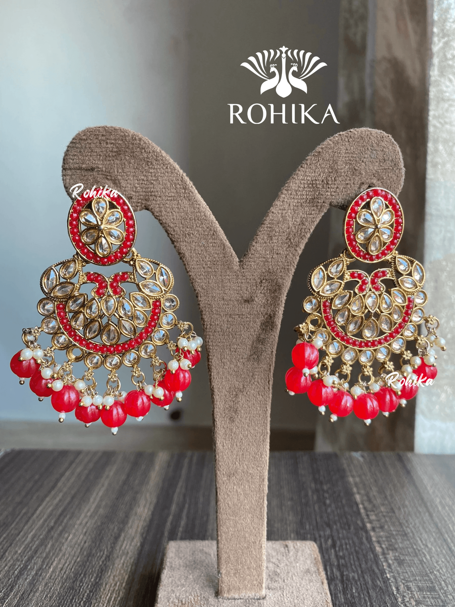 Kanika polki earrings - Red - Rohika Store