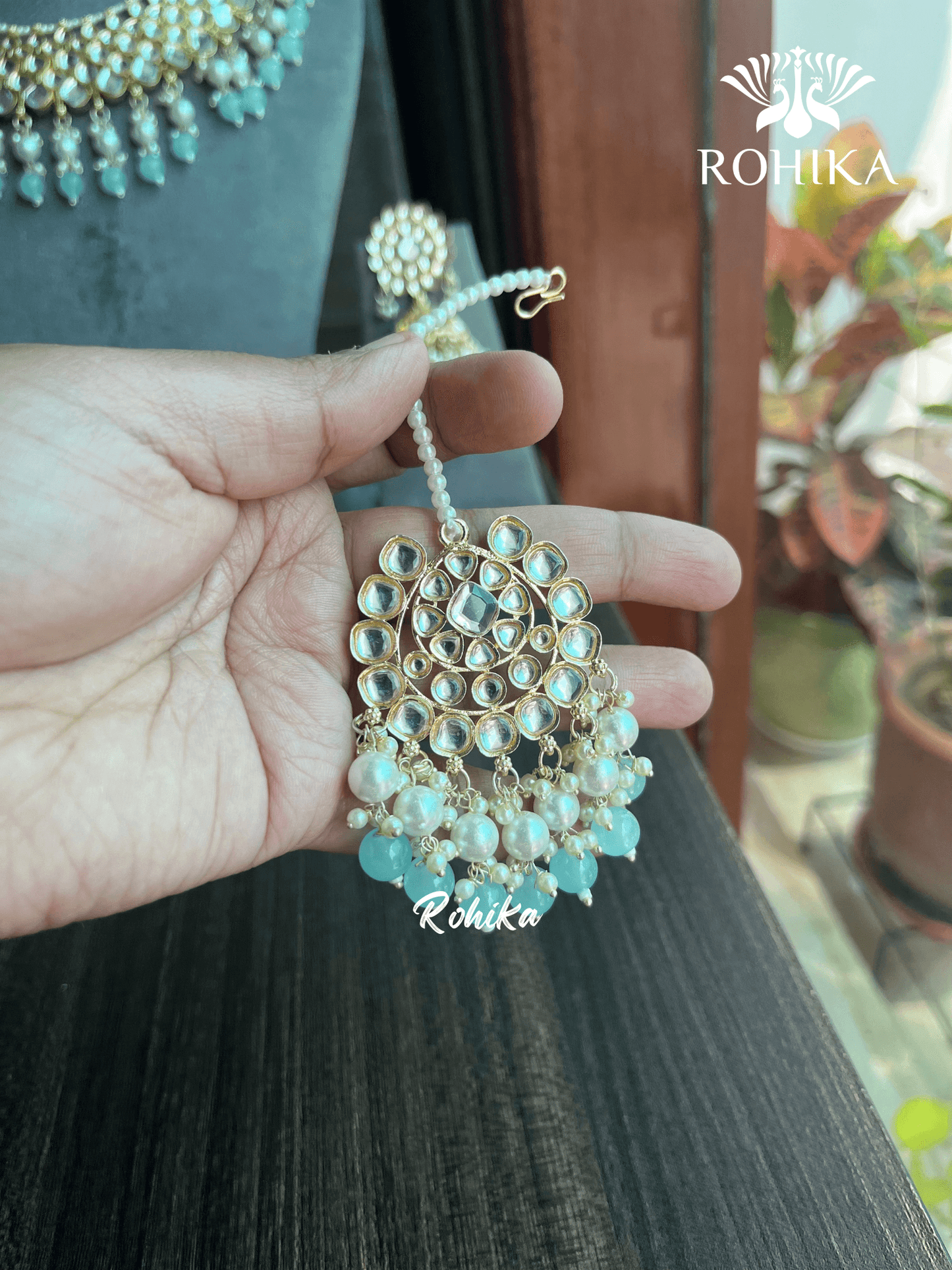 Payal dabi Kundan necklace set - Blue - Rohika Store