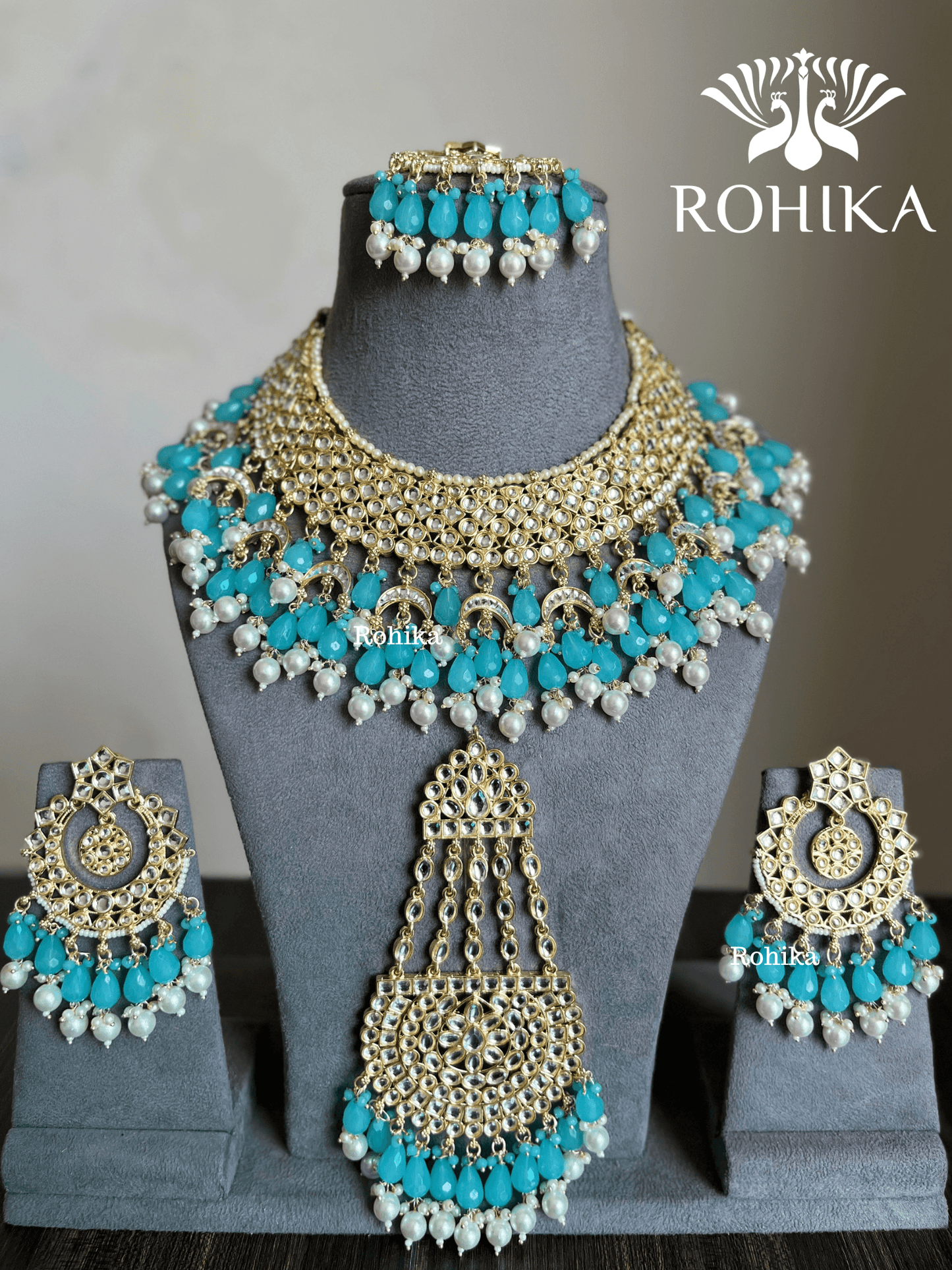 Shaheen Dabi Kundan bridal necklace set - Blue - Rohika Store