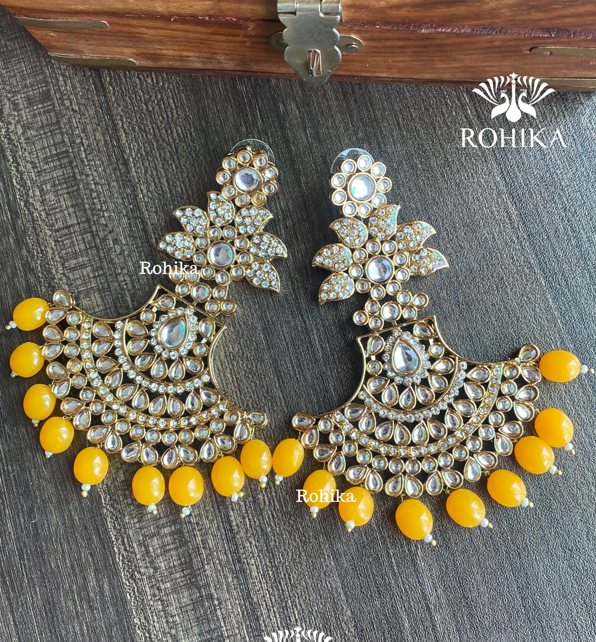 Sparkle chandbali earrings Dark yellow Rohika Store
