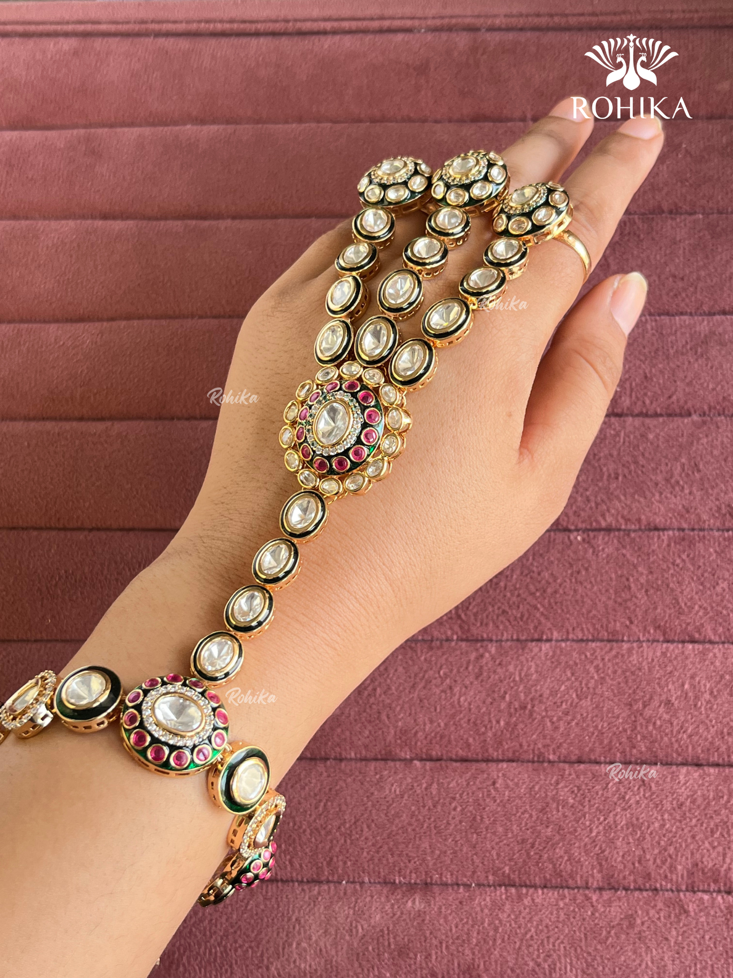 Bikaneri kundan haathphool (HP022) - Green and Ruby Red