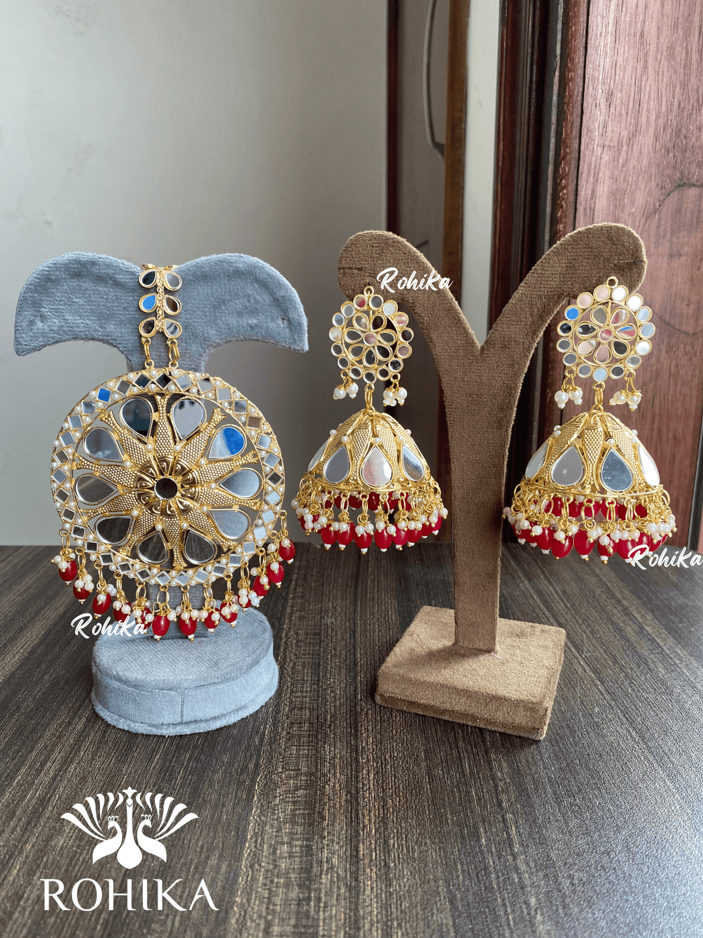 XXL mirror maangtikka with earrings - Red - Rohika Store