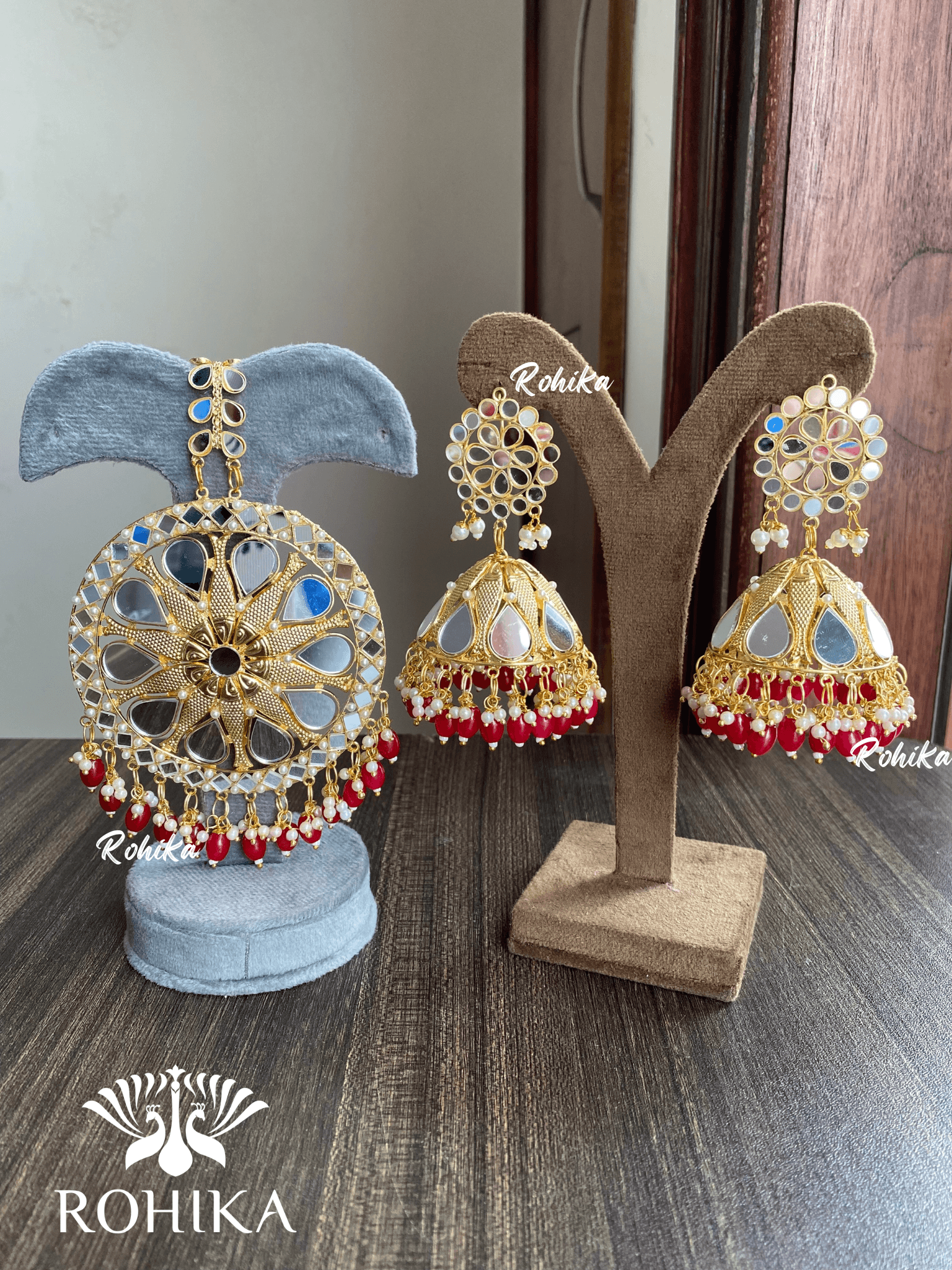 XXL mirror maangtikka with earrings - Red - Rohika Store