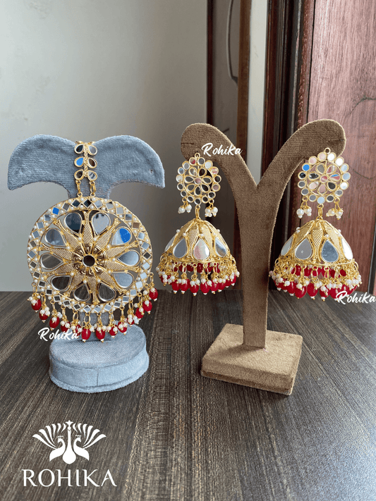 XXL mirror maangtikka with earrings - Red - Rohika Store