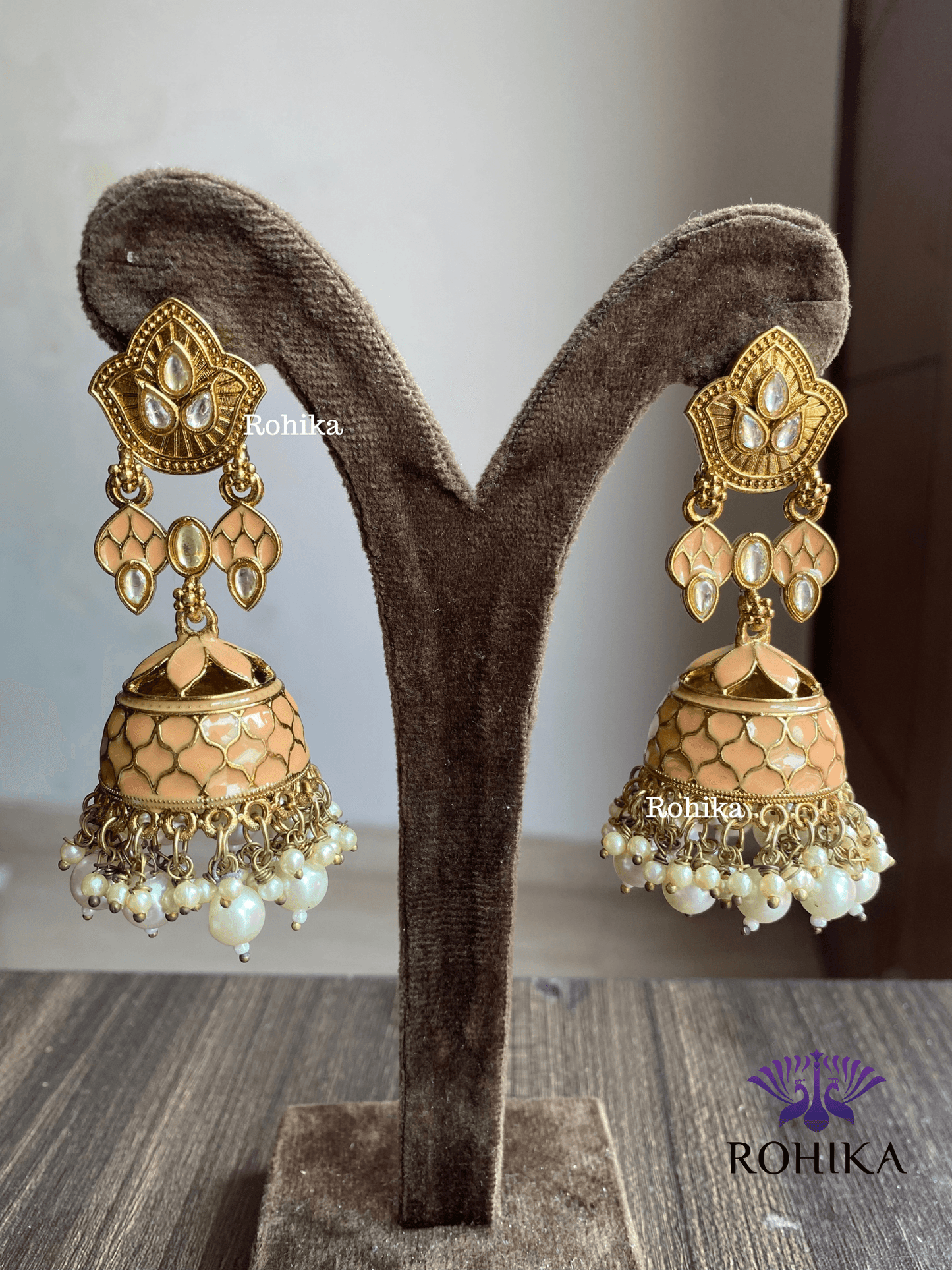 Blossom meenakari jhumka - Peach - Rohika Store