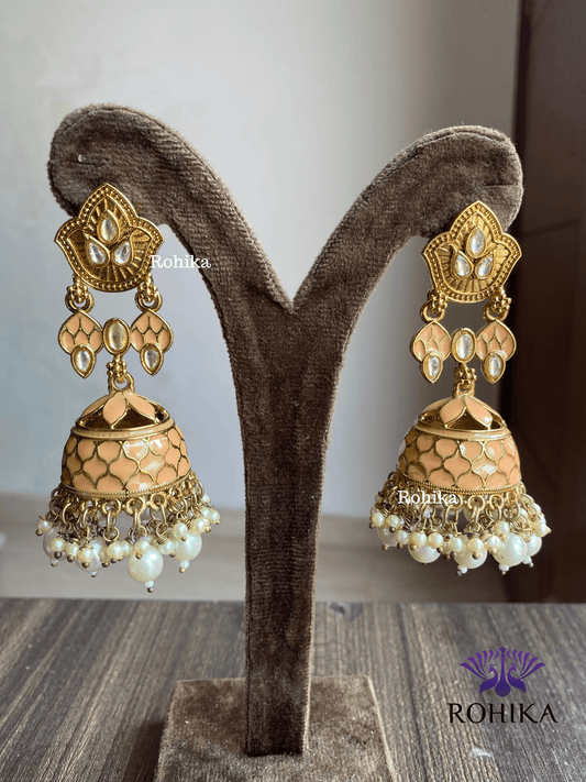 Blossom meenakari jhumka - Peach - Rohika Store